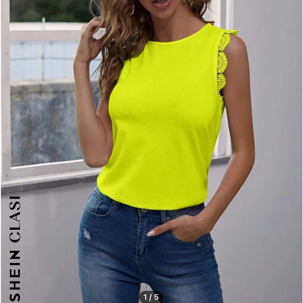 SHEIN Clasi Neon Lime Guipure Lace Trim Tank Top Sz M
